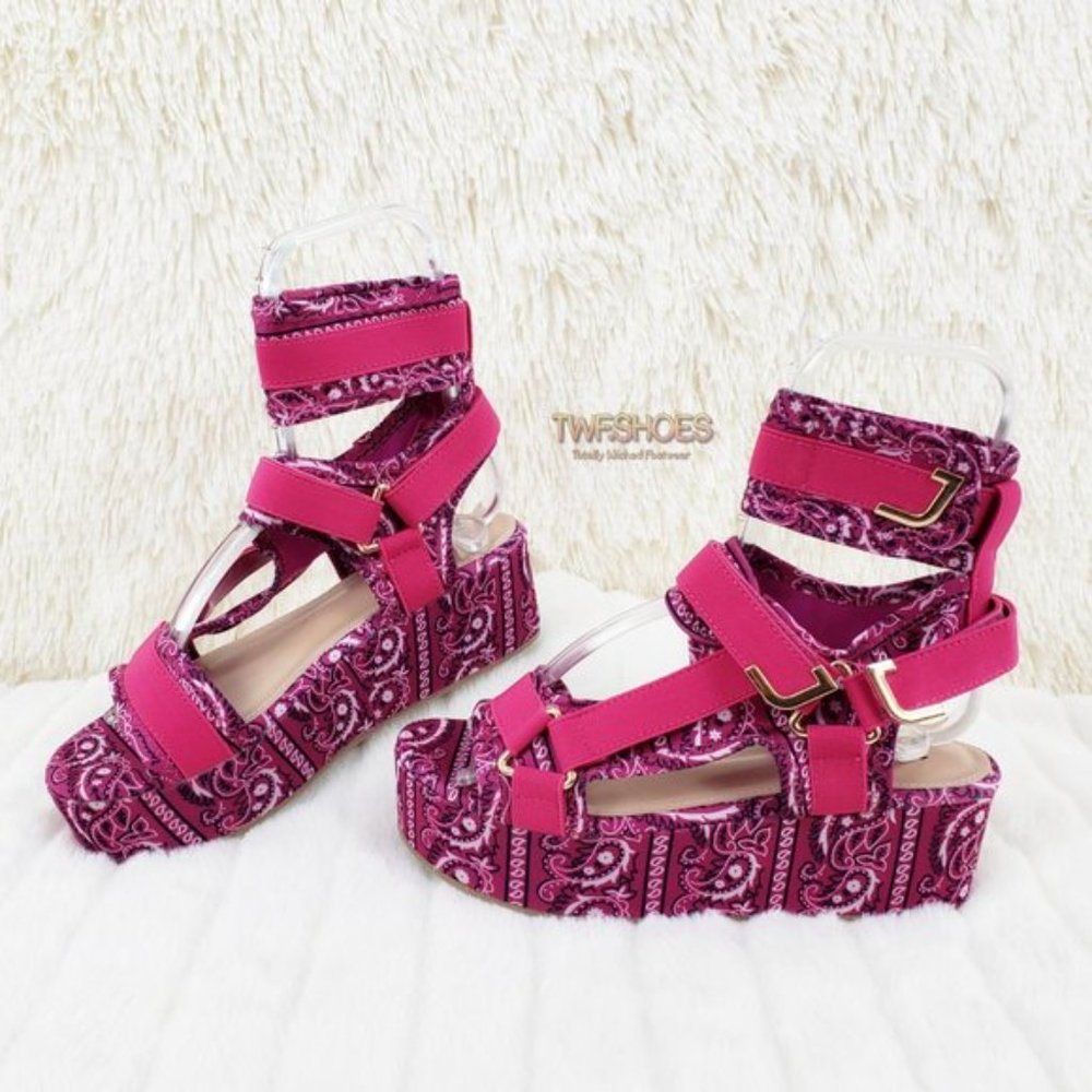 2" harness strap  platform shoes Comfy Pink Bandana